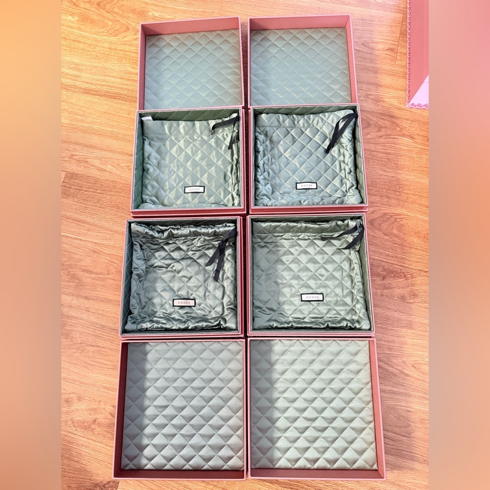 Set of 4 Gucci Boxes in Pink with Quilted Sage Green Pouches